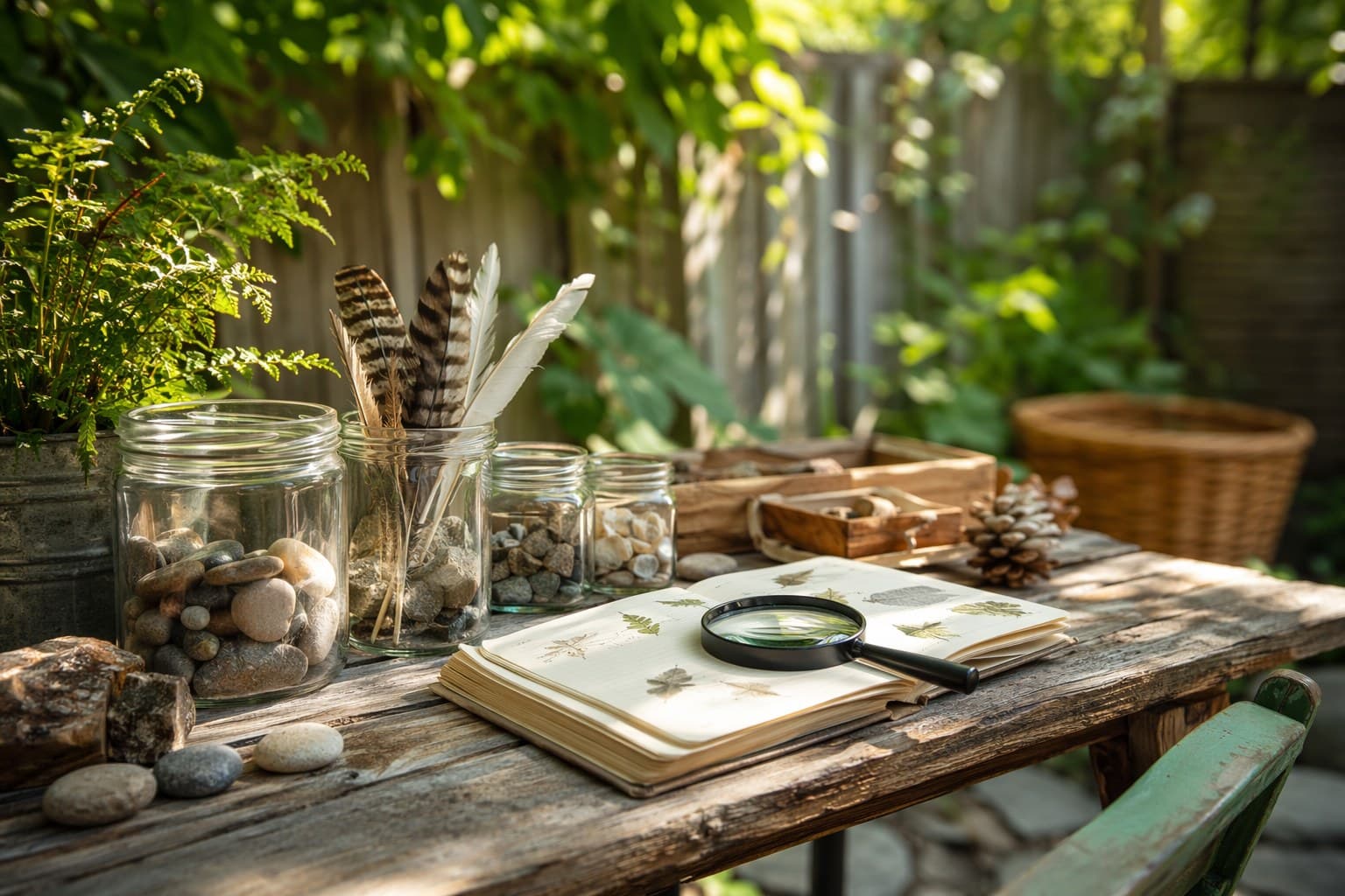 Sunlit backyard nature observation station with jars of pebbles, feathers, a magnifying glass, and an open journal on a low wooden table