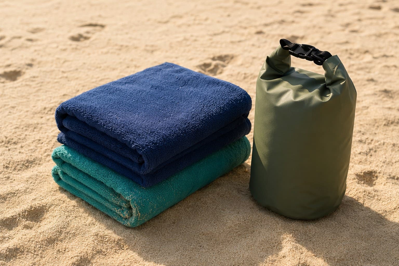 Two folded microfiber beach towels and a closed waterproof dry bag arranged on warm dry sand