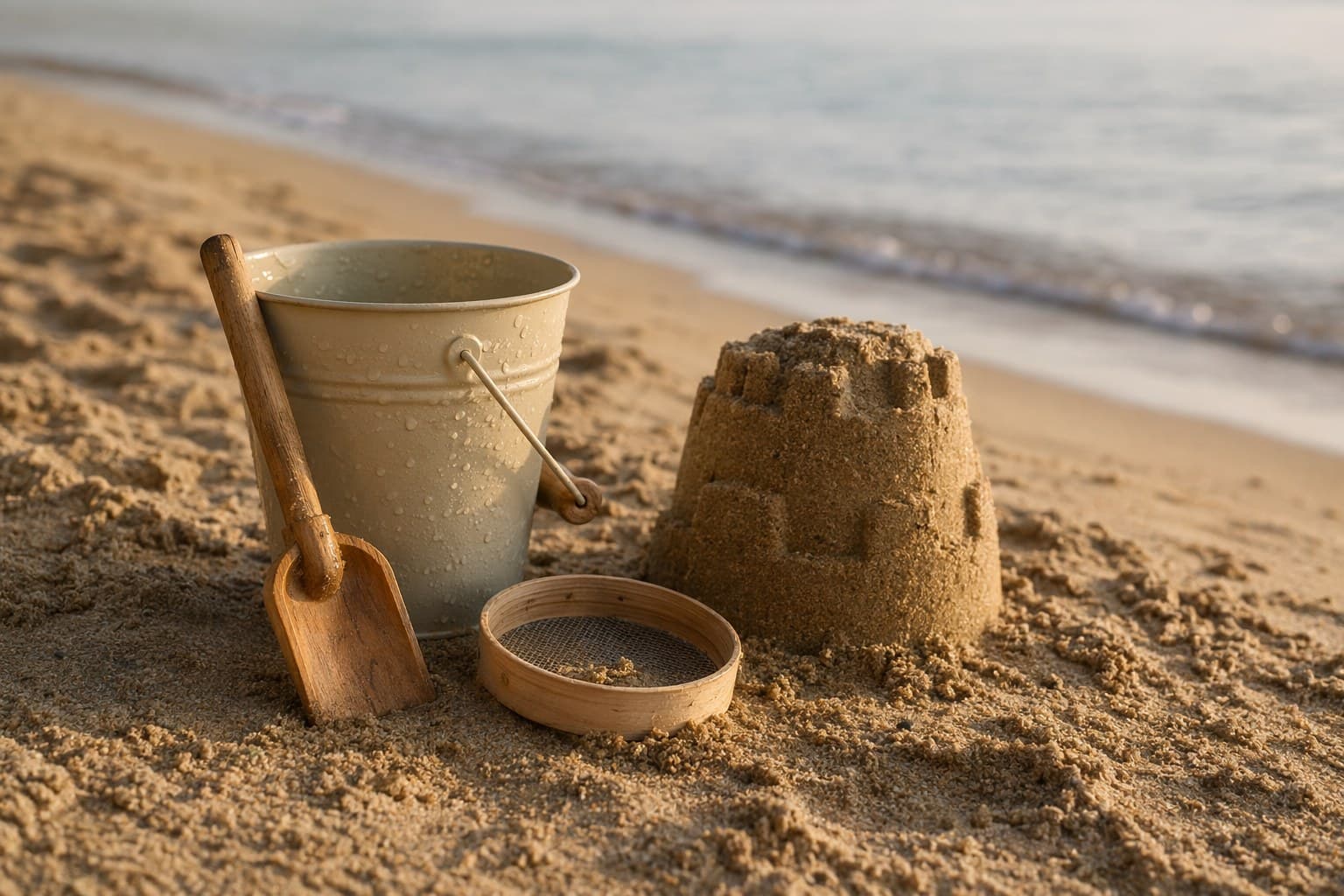 A bucket, wooden shovel, and small sieve resting on damp sand beside a low sandcastle near the shoreline