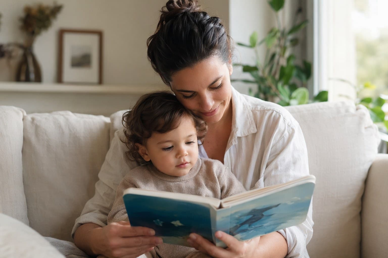 A parent and toddler reading a sturdy board book together on a cozy couch in soft natural light