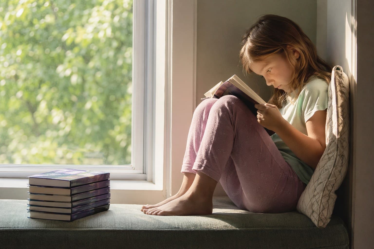 A grade-school child curled in a reading nook absorbed in a chapter book with a stack of series beside them