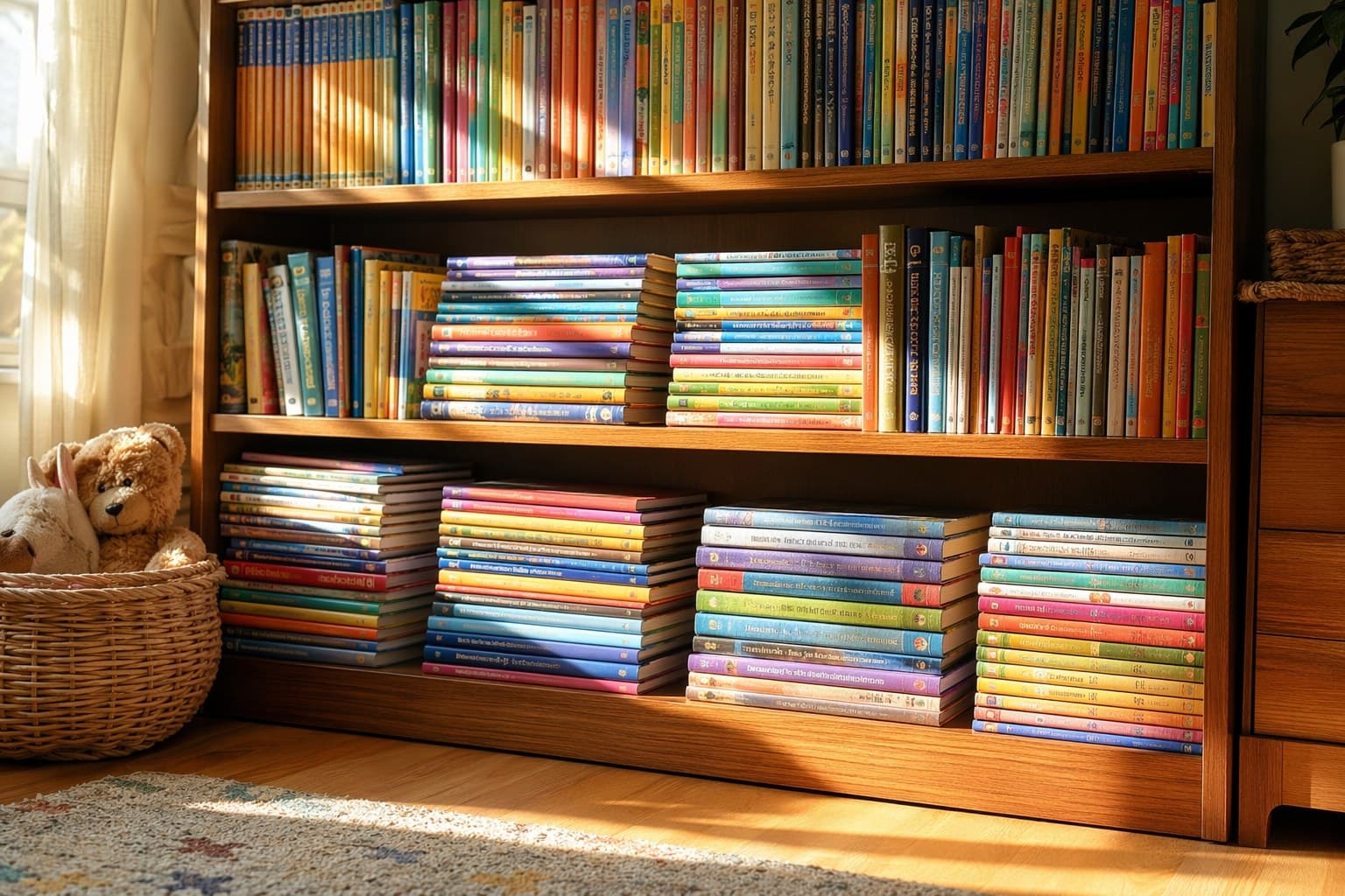 A child's bookshelf filled with stacks of beloved chapter book and picture book series in warm afternoon light