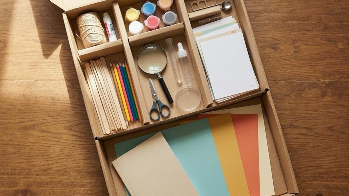 Educational subscription box opened on a table with hands-on learning materials and activity guides