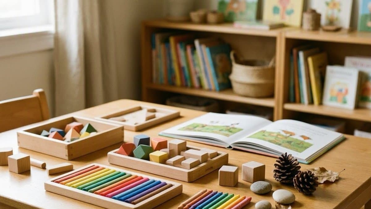 Preschool child engaged with colorful wooden learning materials at a small table