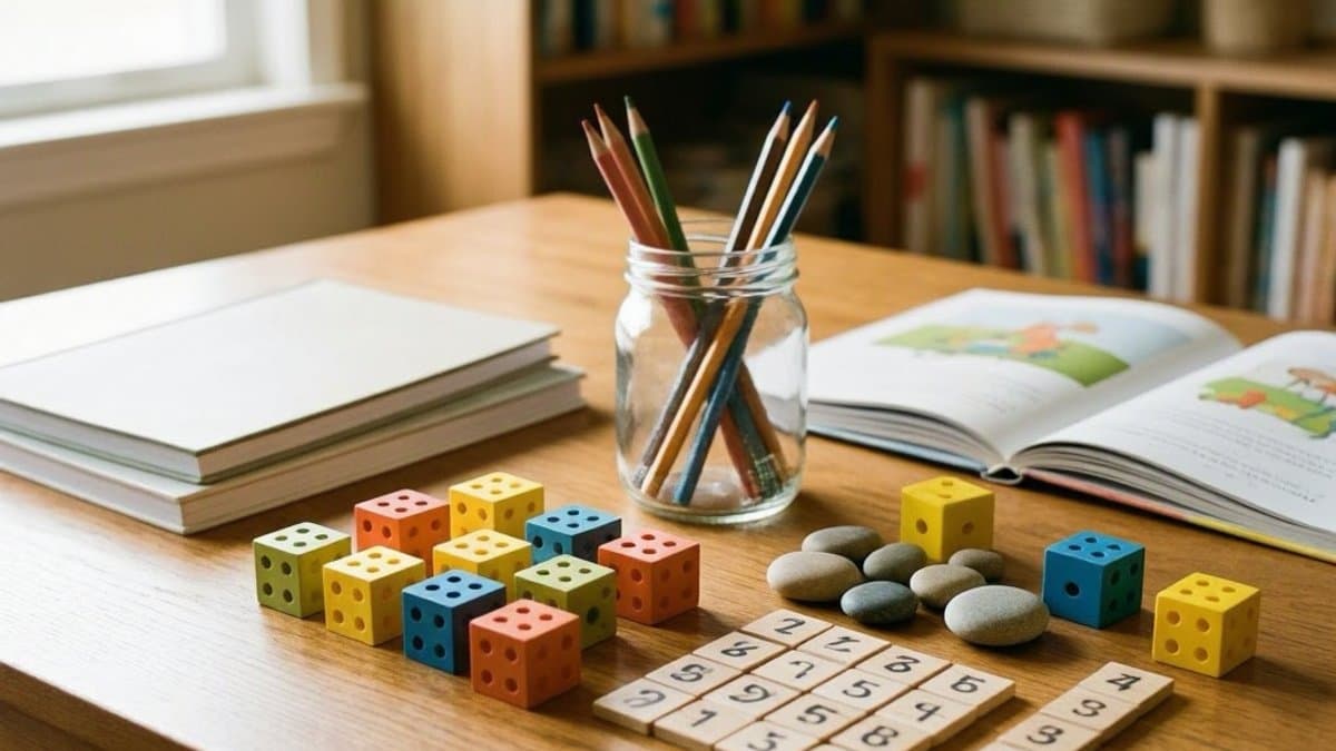 Second grader reading a chapter book at a wooden table with math manipulatives nearby