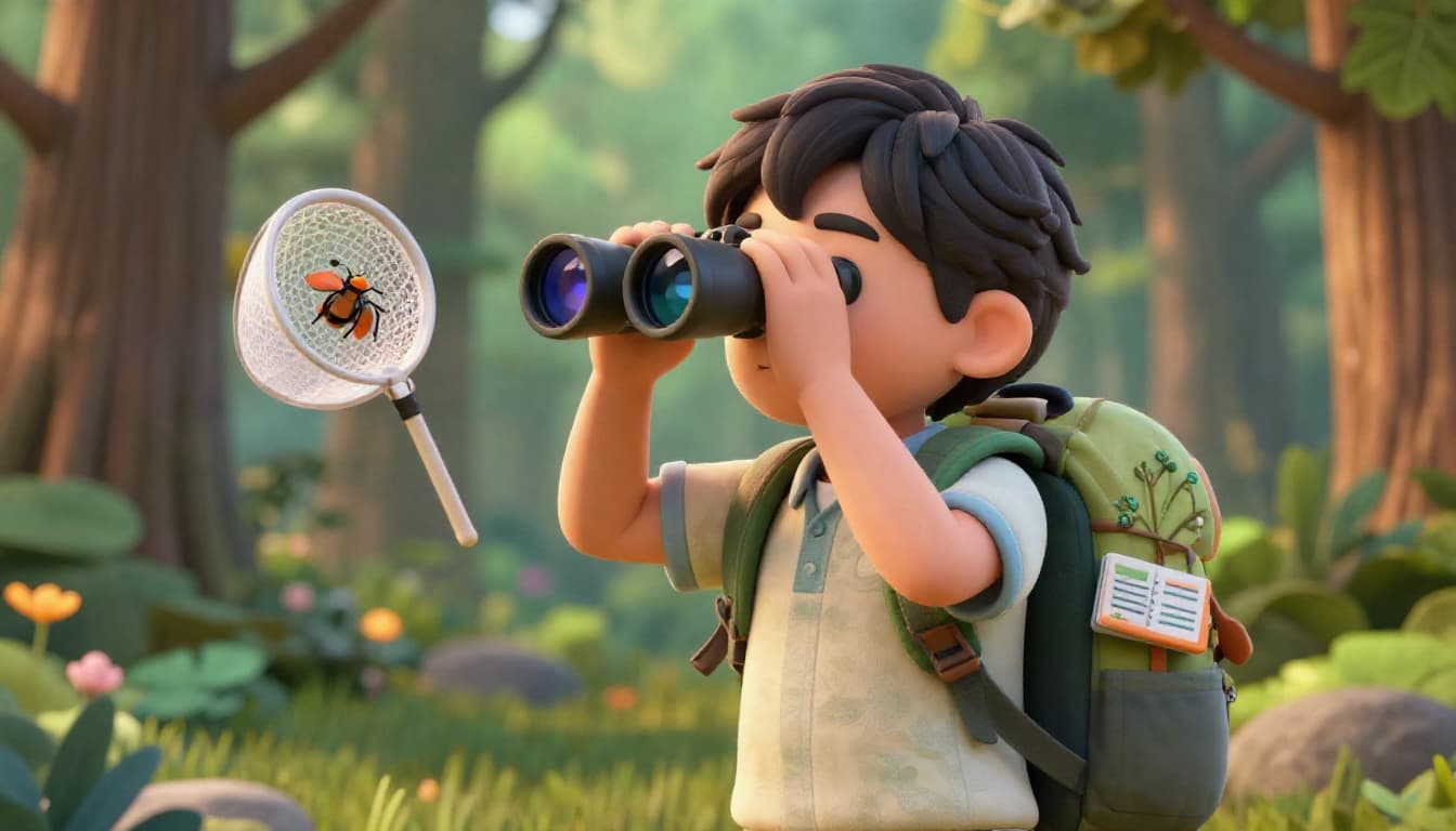 Child using binoculars and a magnifying glass to explore a meadow