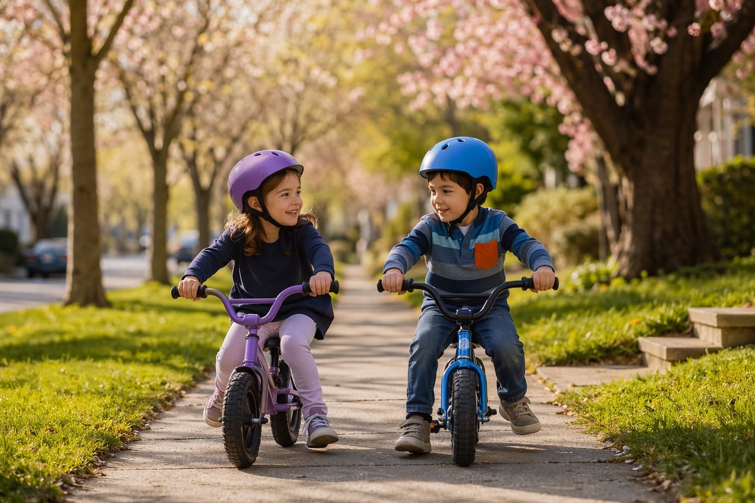 Parent kneeling beside a young child, checking the fit of a bike helmet before a ride
