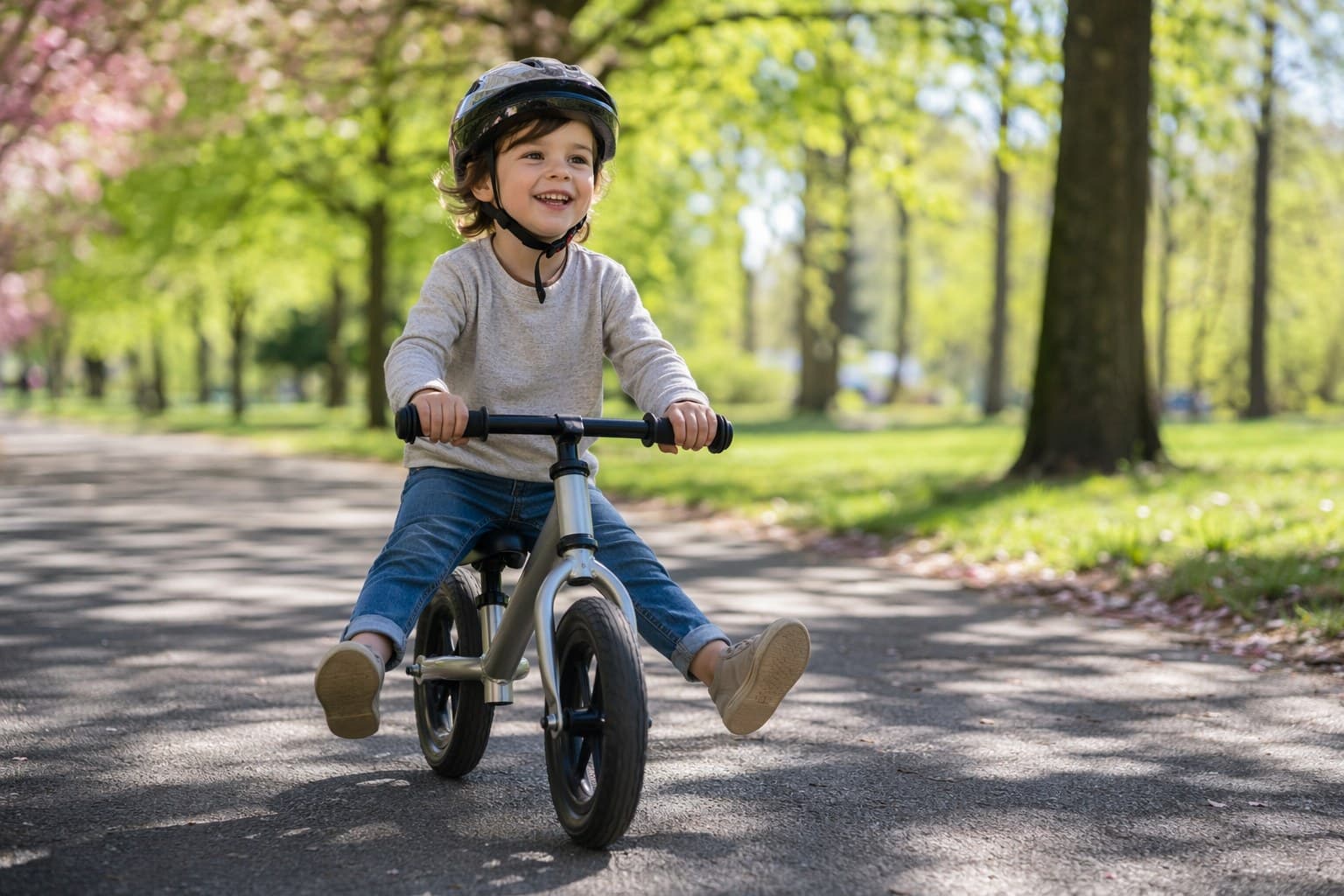 Young child gliding on a balance bike along a sunny park path in spring