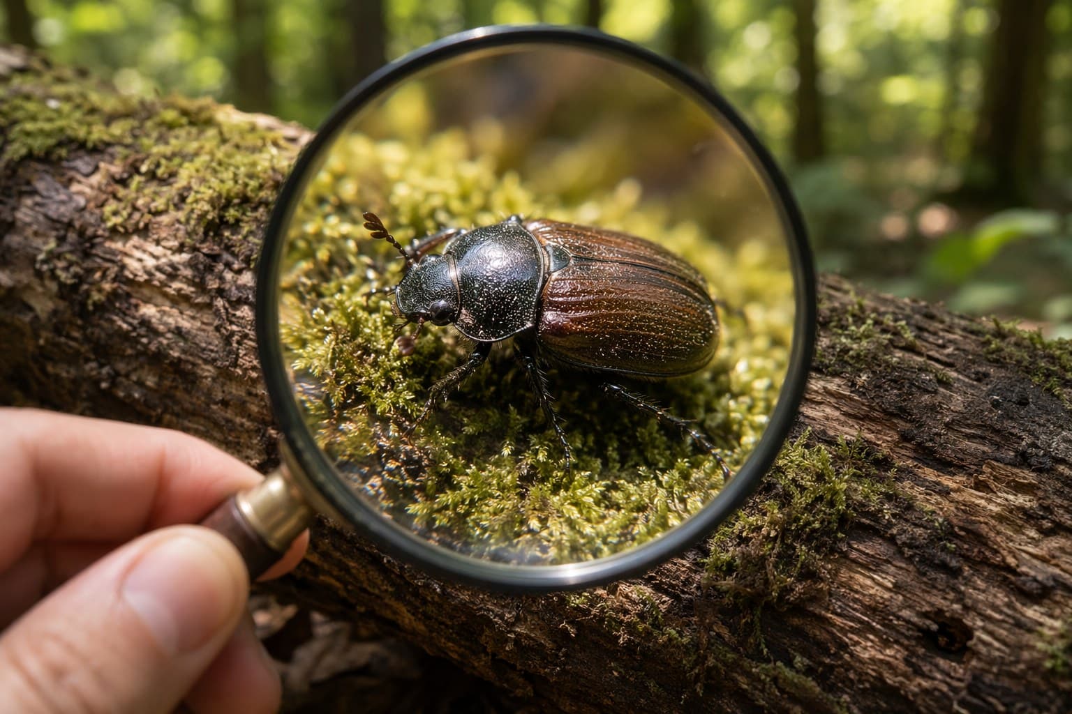 A wooden and mesh bug house on a garden table with a beetle resting on a leaf inside