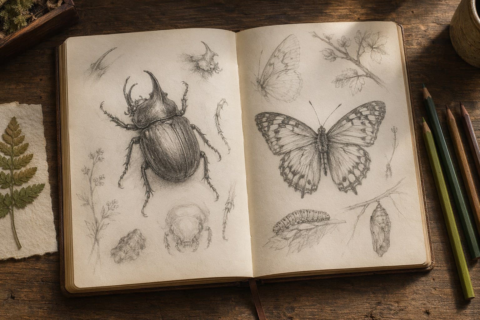 An open bug journal page with pencil sketches of a beetle and butterfly, labeled with counts and a date