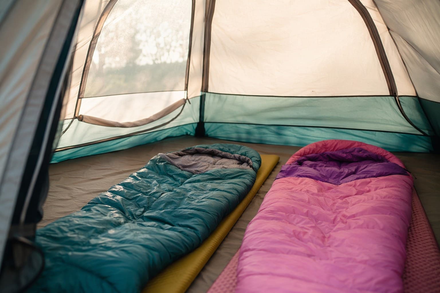 A family tent pitched in a forest clearing with golden afternoon light filtering through the trees