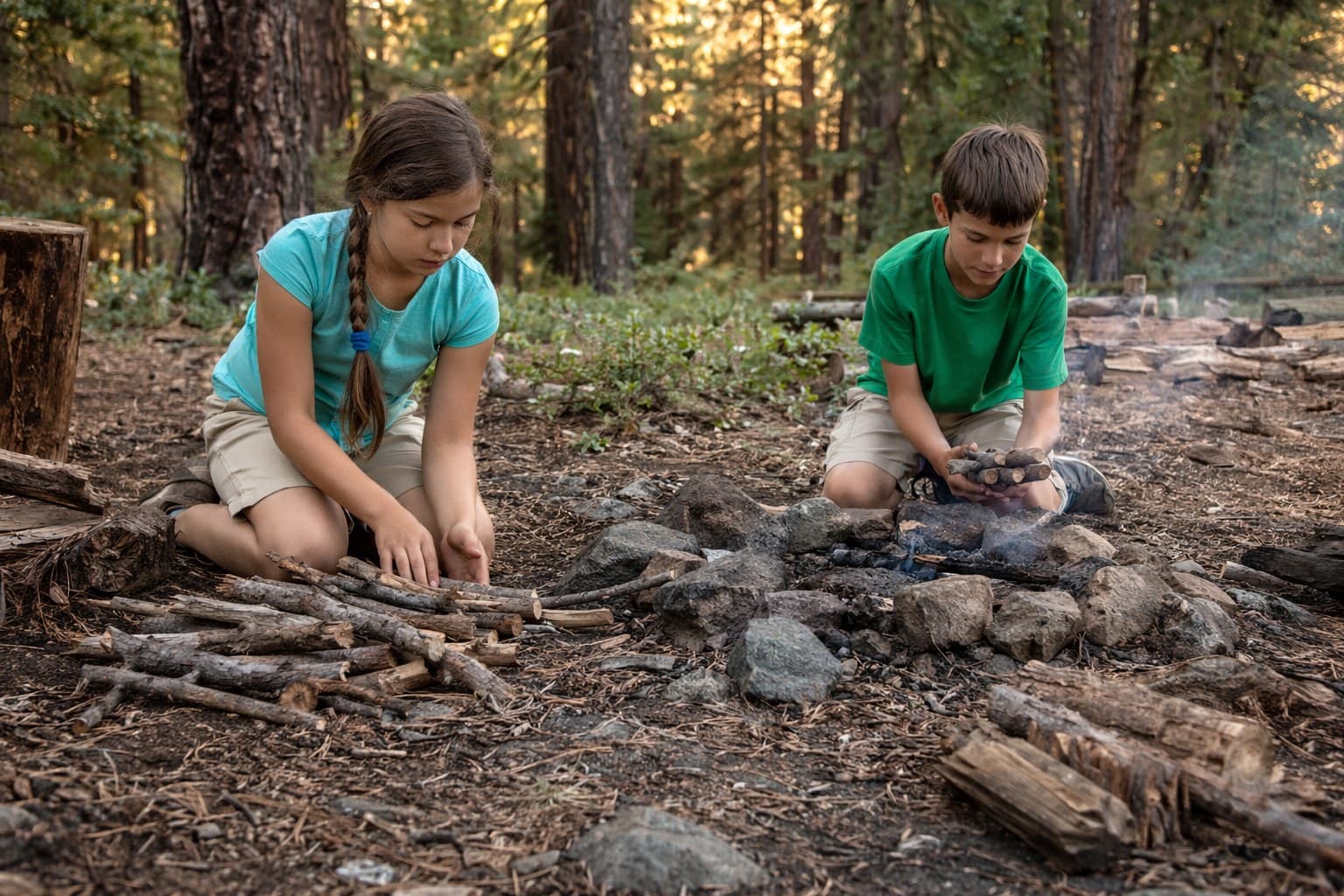 A family cooking breakfast together on a two-burner camp stove at a picnic table in morning sunlight