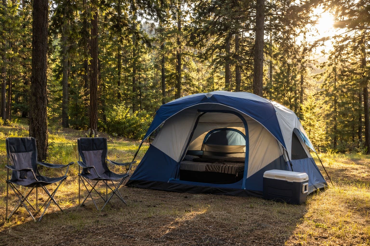 A family tent set up in a sunny forest clearing with camp chairs and gear nearby