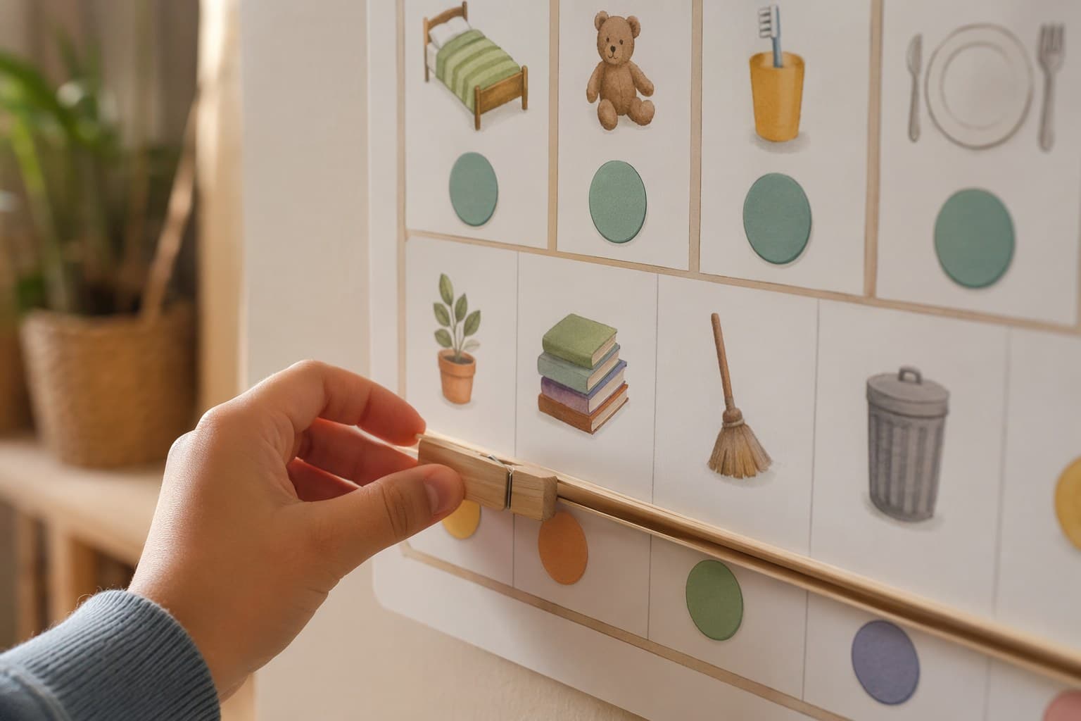 A laminated chore chart hanging on a kitchen wall beside a small basket of dry erase markers in warm morning light