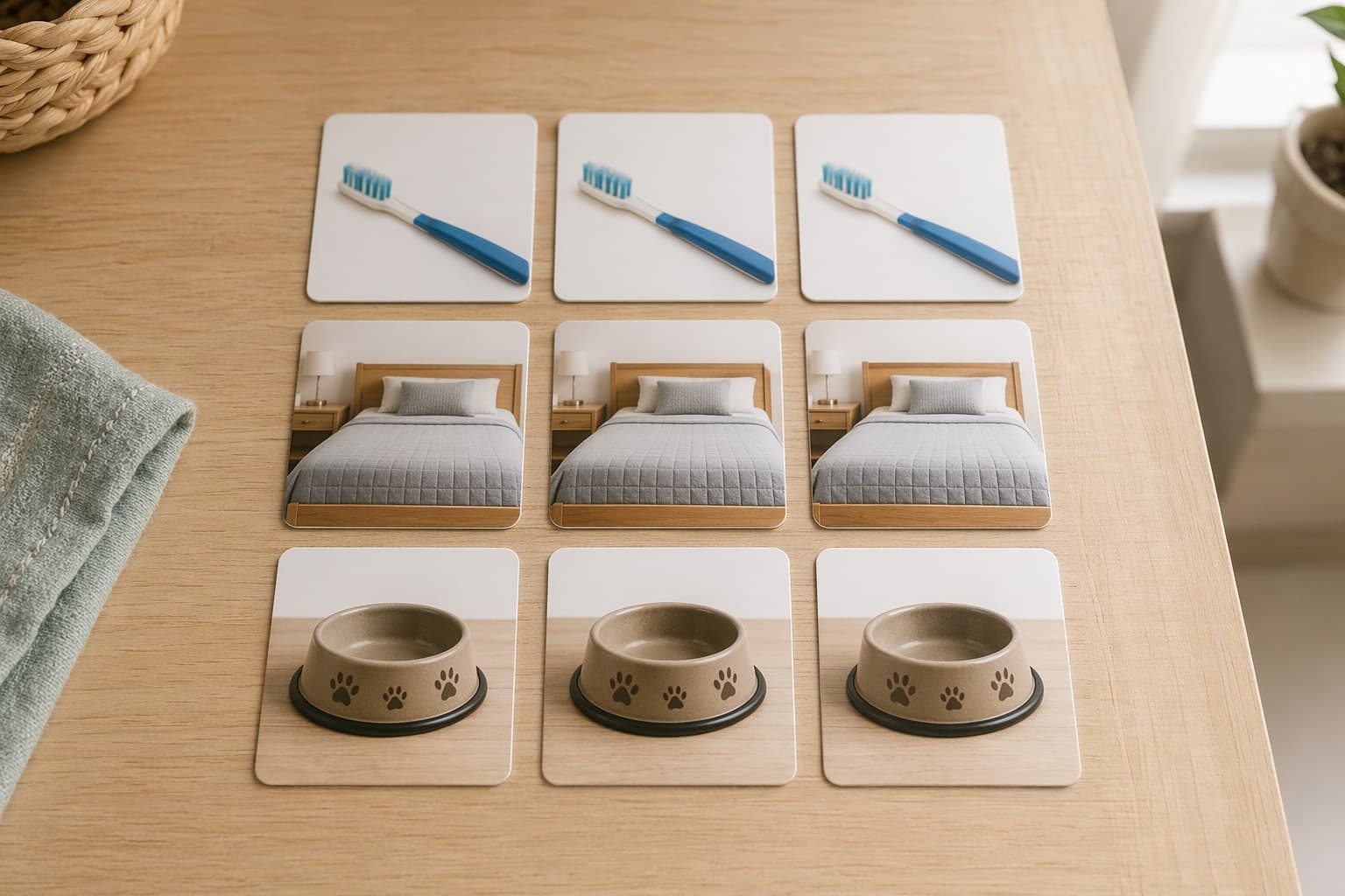 A child's hand sliding a wooden clip from the to-do column to the done column on a picture-based chore chart