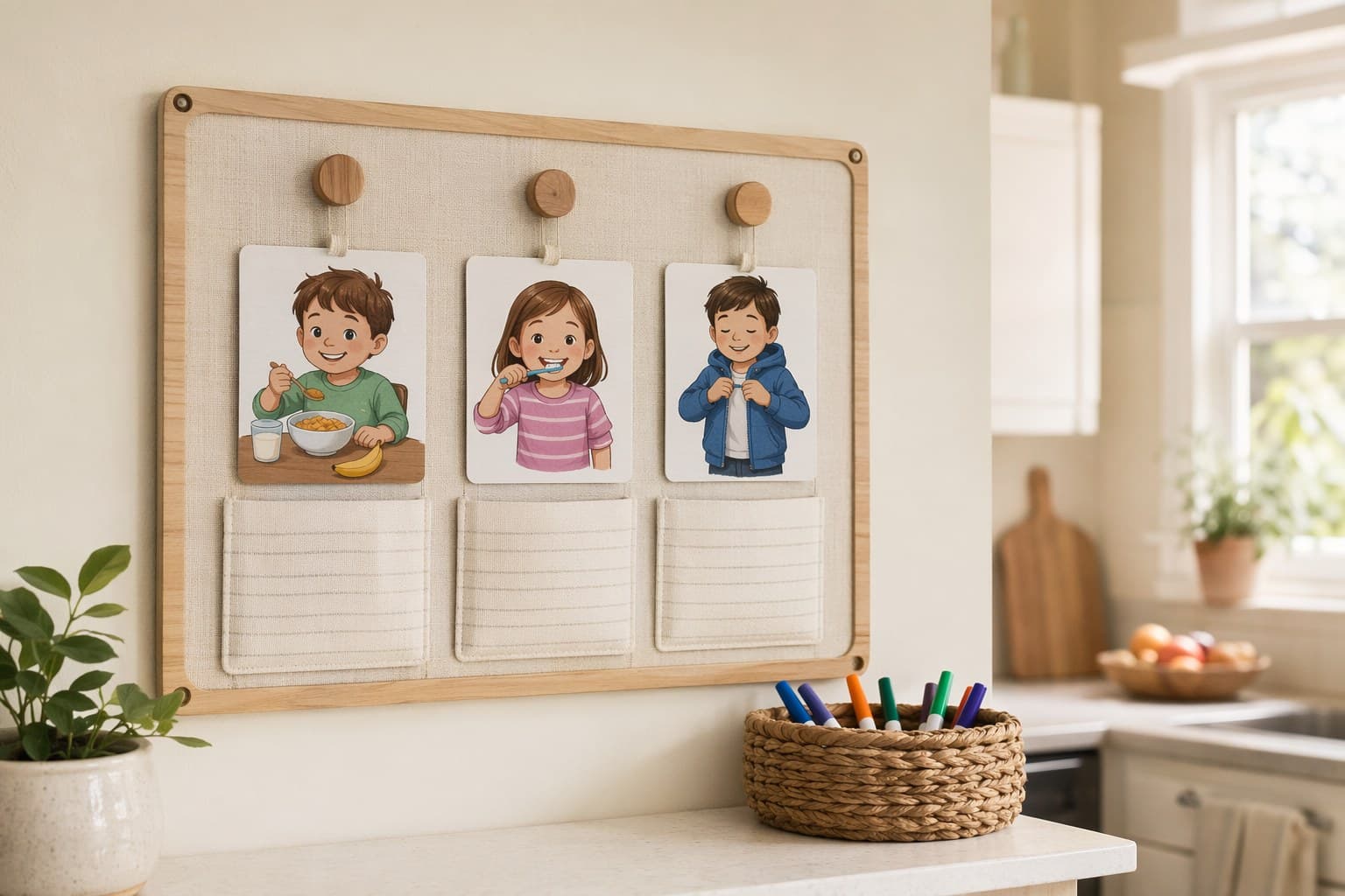 A family morning routine chart on the wall with picture cards for breakfast, teeth, and getting dressed in soft natural light