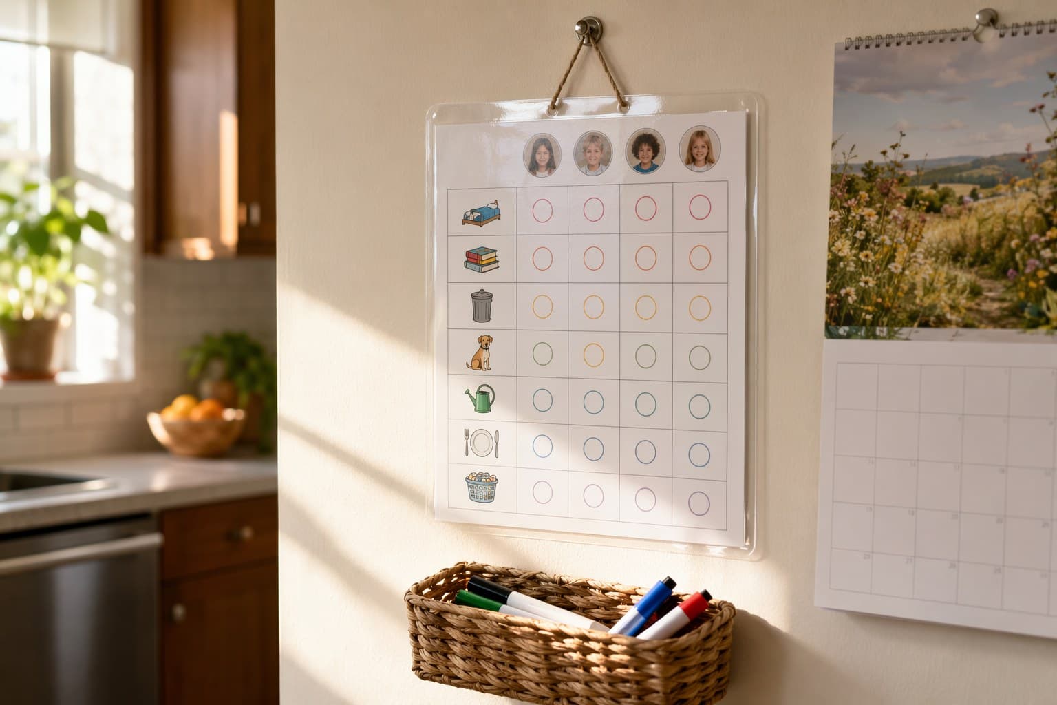 A laminated chore chart hanging on a kitchen wall beside a calendar and a small basket of markers in warm morning light