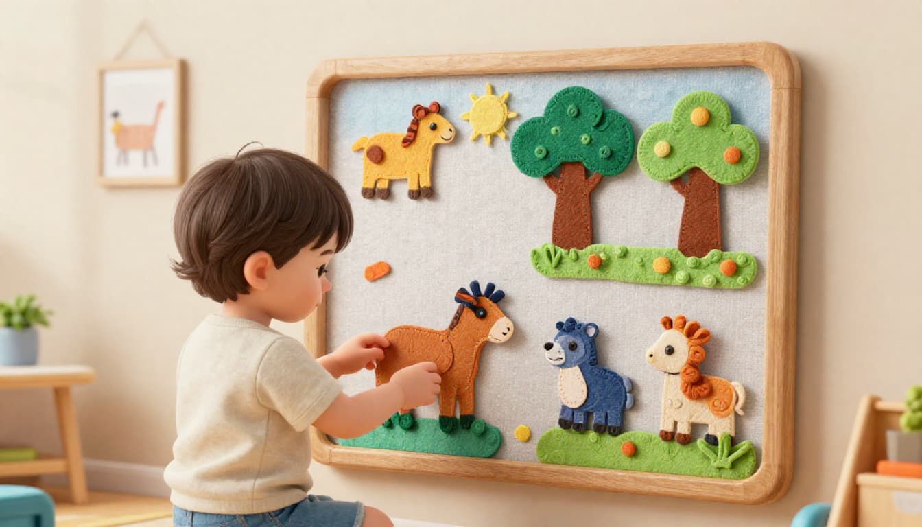 Toddler placing colorful felt story pieces on a flannel board while sitting on the floor