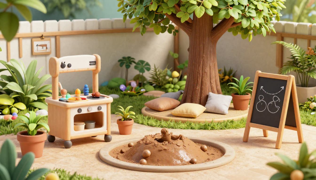 Child exploring a backyard nature station with magnifying glass surrounded by plants and natural materials