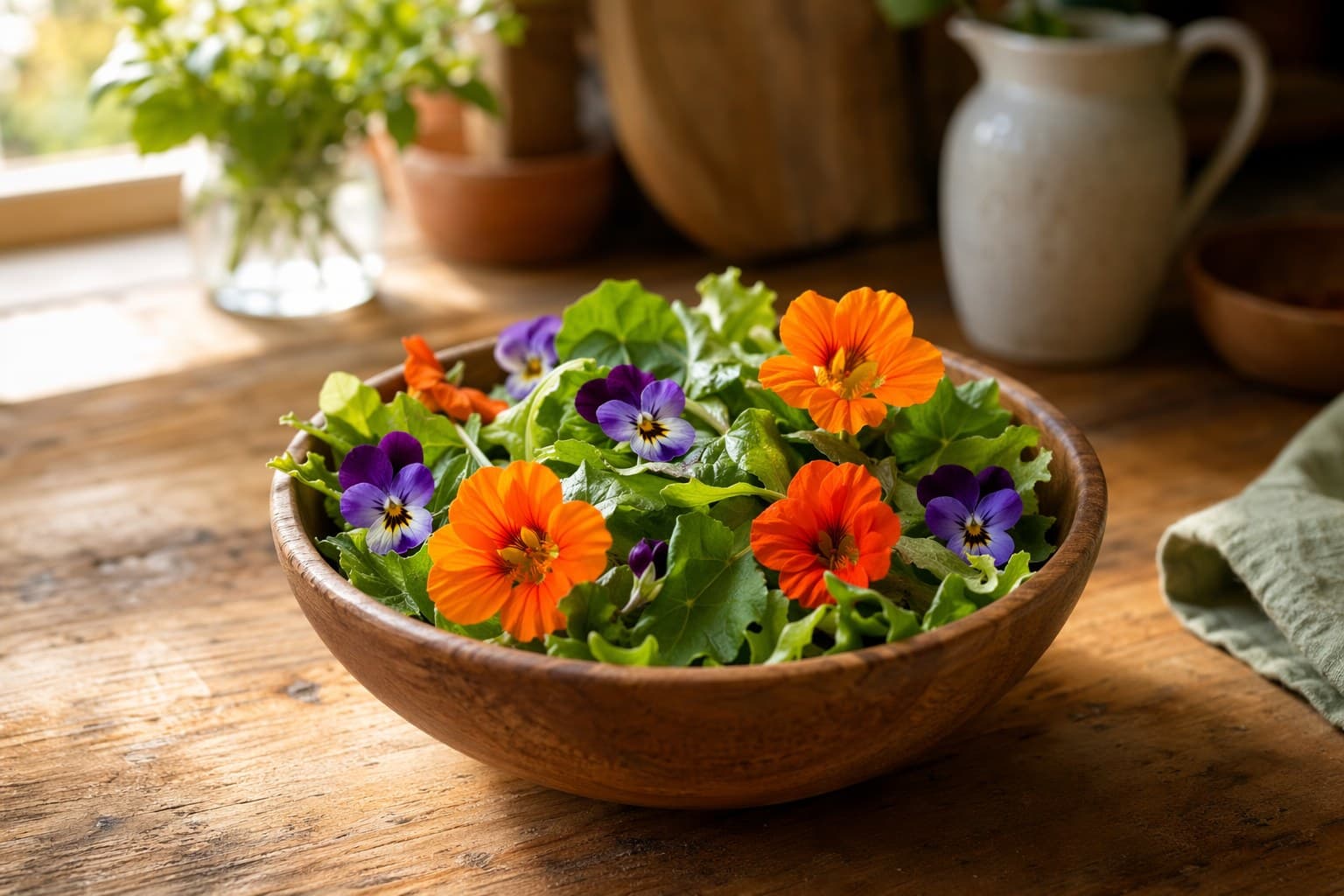 A small wooden bowl of green salad scattered with whole orange nasturtium and purple viola flowers on a kitchen table