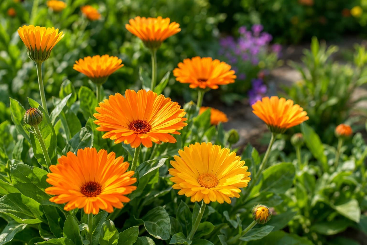 Bright orange calendula blooms growing in a sunny garden bed surrounded by green foliage