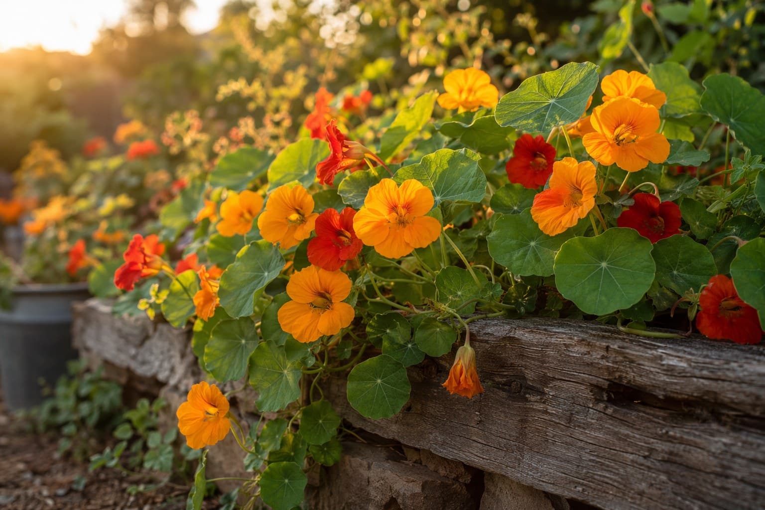 Bright orange and red nasturtium flowers spilling over the edge of a garden bed in afternoon light