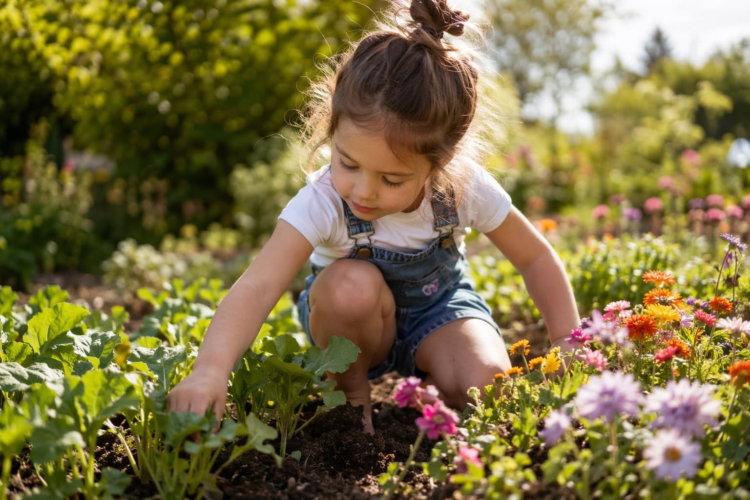 Child kneeling between rows of vegetable seedlings and blooming flowers in a sunny spring garden