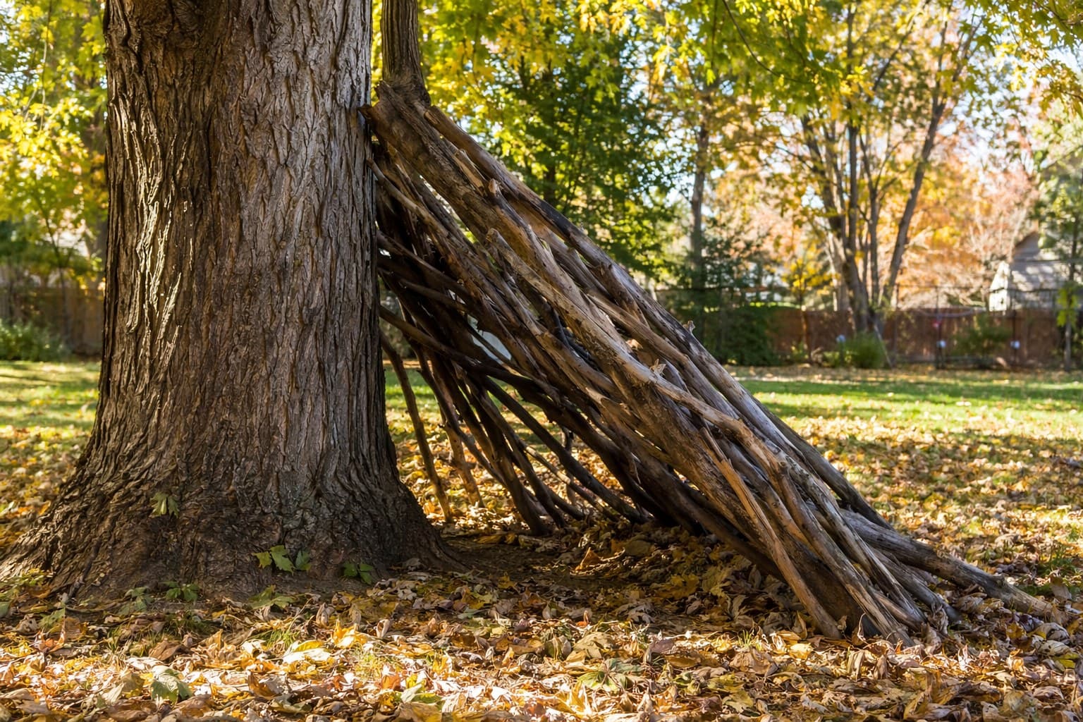 Lean-to shelter of fallen branches propped against a tree trunk in a sunny backyard, surrounded by autumn leaves