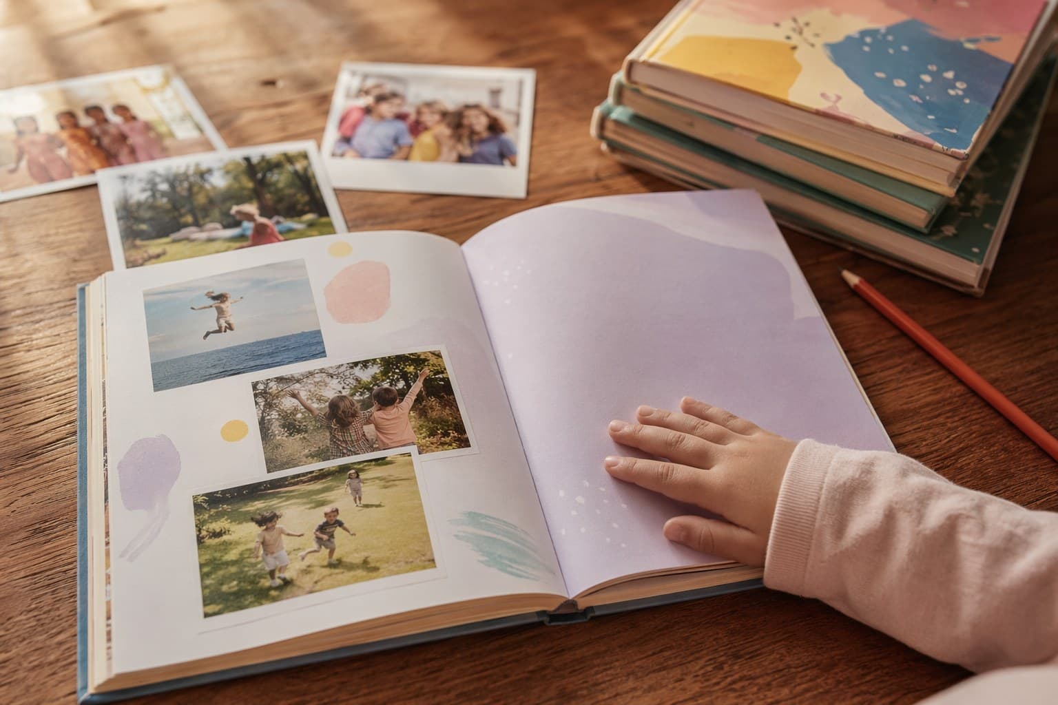 Year-end memory book and reflection page with a child's handwriting, photos, and finished schoolwork displayed on a table