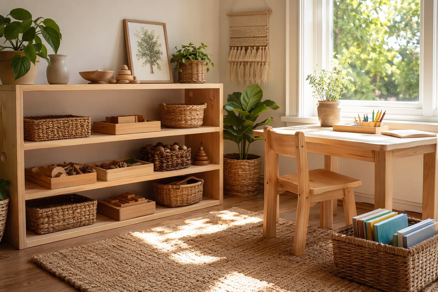 A calm, sunlit homeschool corner with low wooden shelves, labeled bins, a small table, and a basket of books by a window