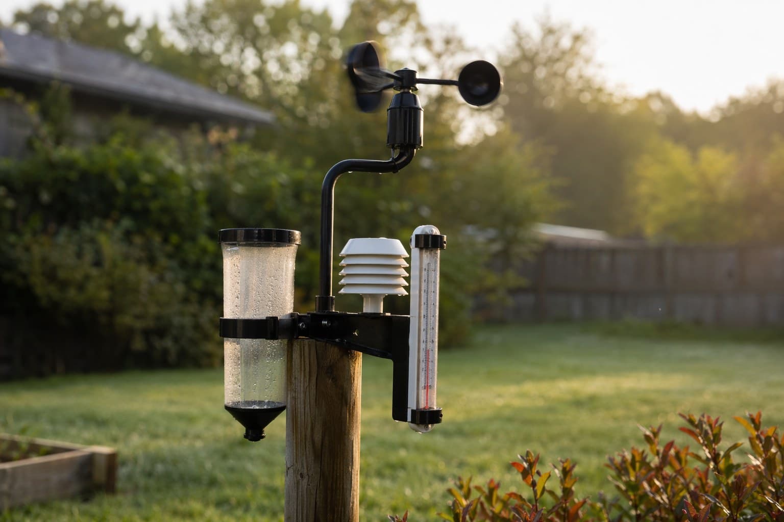 A small backyard weather station with a rain gauge and thermometer in soft morning light