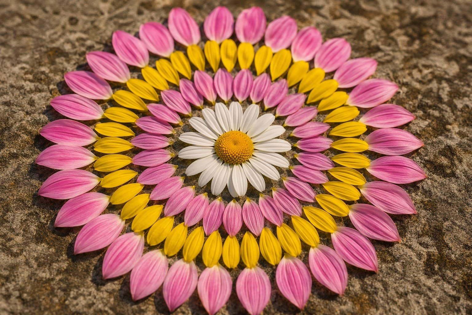 Circular rock mandala with concentric rings of grey and white stones arranged on green grass in morning light