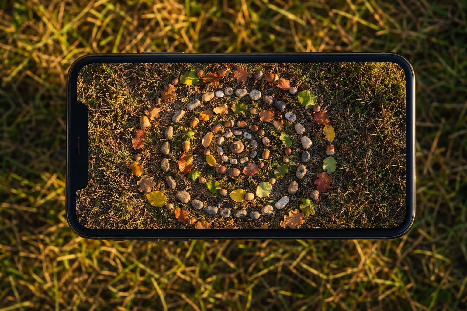 Overhead view of a phone photographing a finished land art spiral of leaves and stones arranged in tall grass