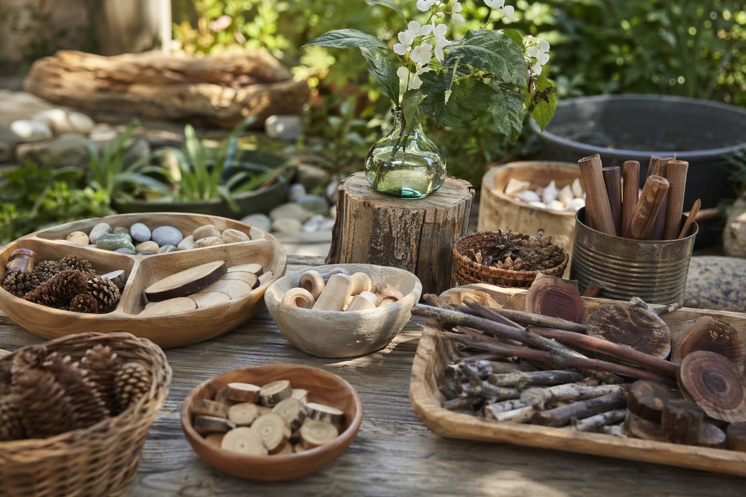 Children stacking and balancing flat rocks into towers in a sunny backyard