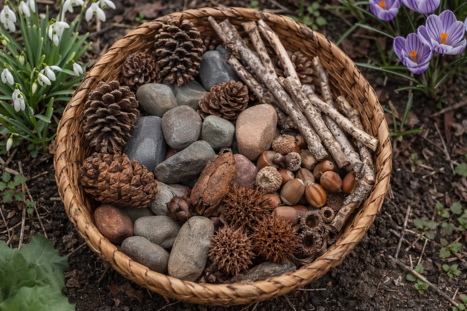 A basket of pinecones, smooth stones, sticks, and seed pods collected at the edge of a garden