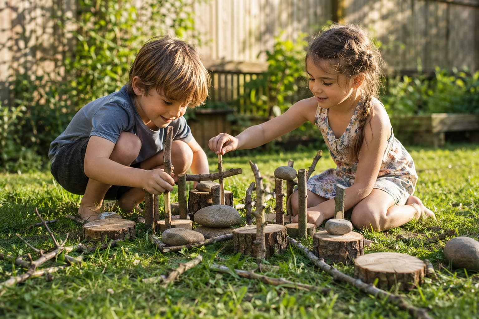 Children building structures with sticks, rocks, and logs in a sunny backyard