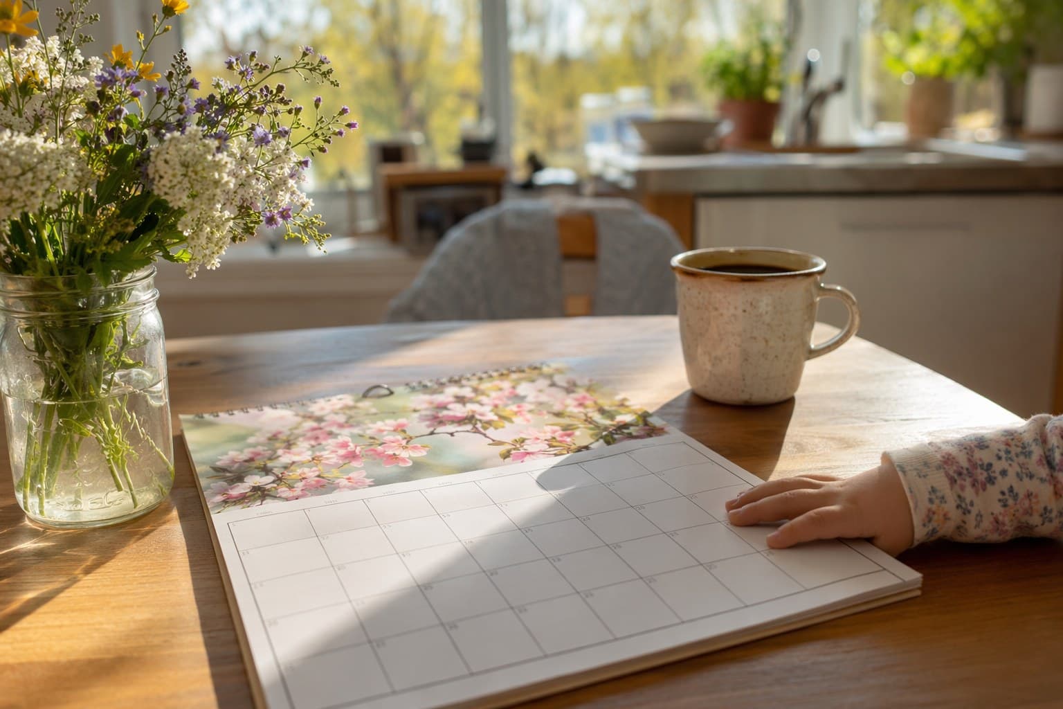 An open paper calendar on a sunny kitchen table beside a jar of wildflowers in early May