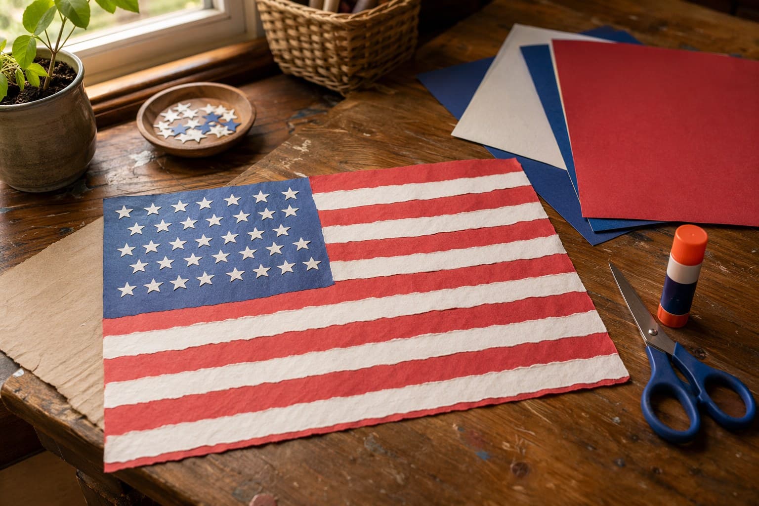 Handmade thank-you cards, small American flags, and flower seed packets arranged on a sunlit wooden table