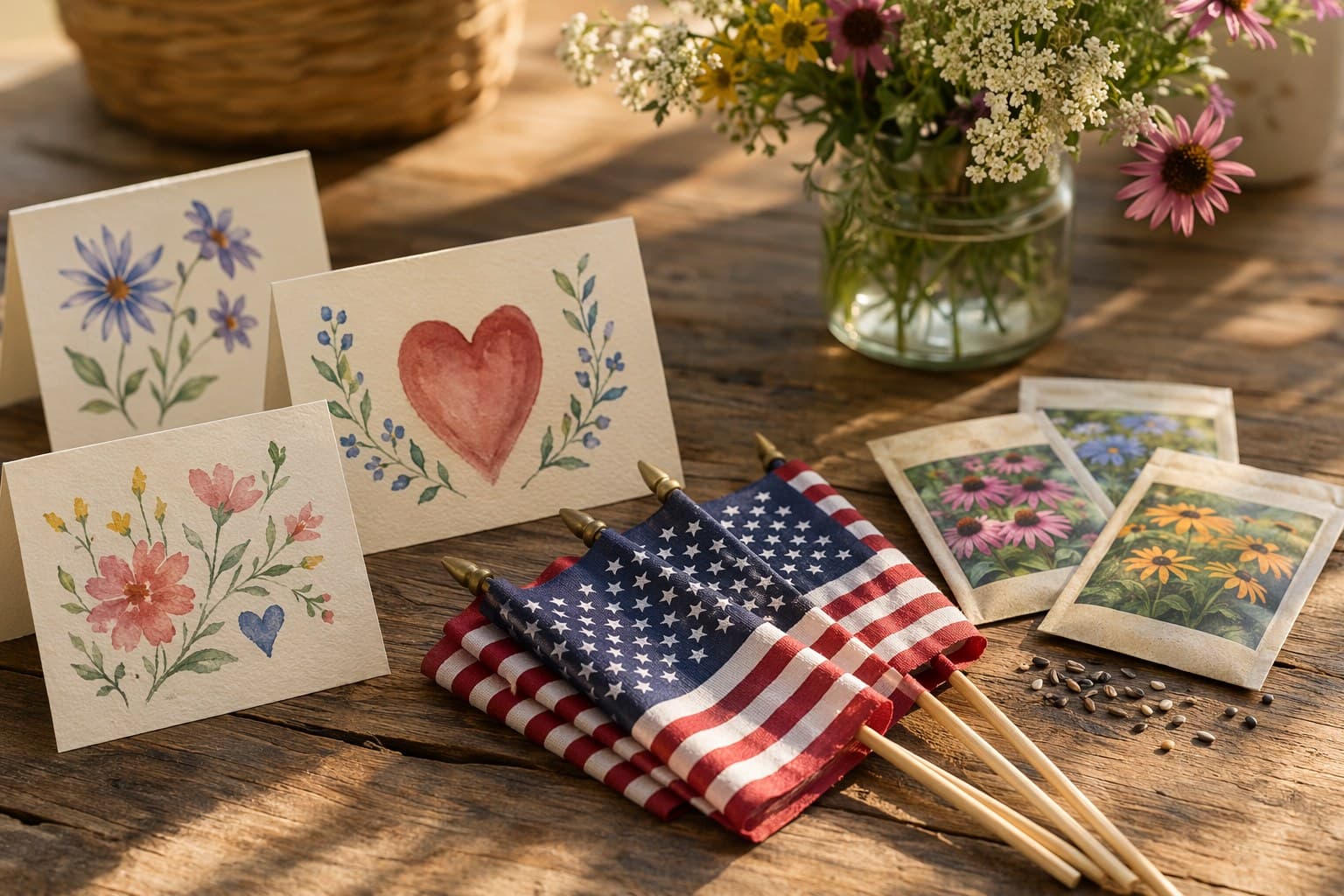 Handmade thank-you cards, small American flags, and flower seed packets arranged on a sunlit wooden table