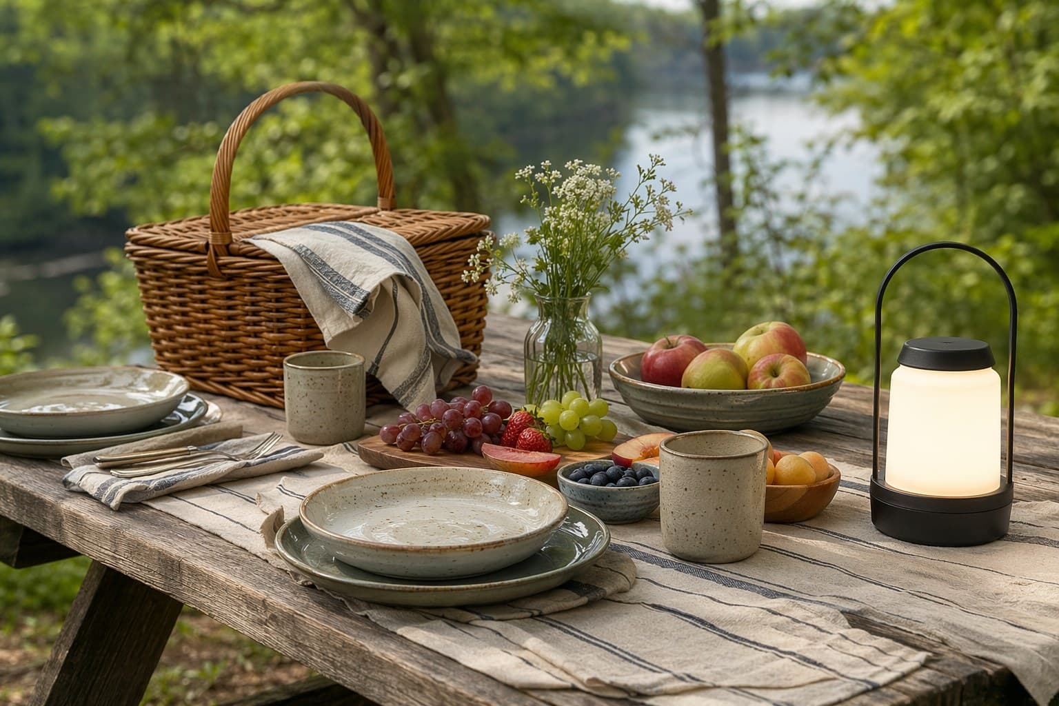 A grill loaded with corn, chicken skewers, and burgers with smoke rising in golden afternoon light