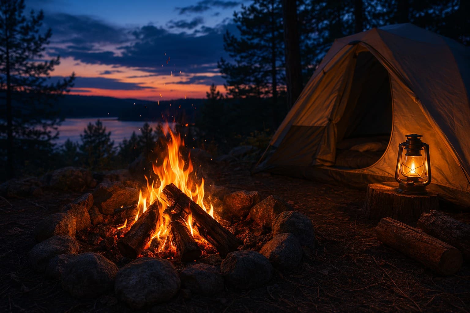 A picnic table set with reusable dishes, a lantern, and a campfire glowing in the background at dusk