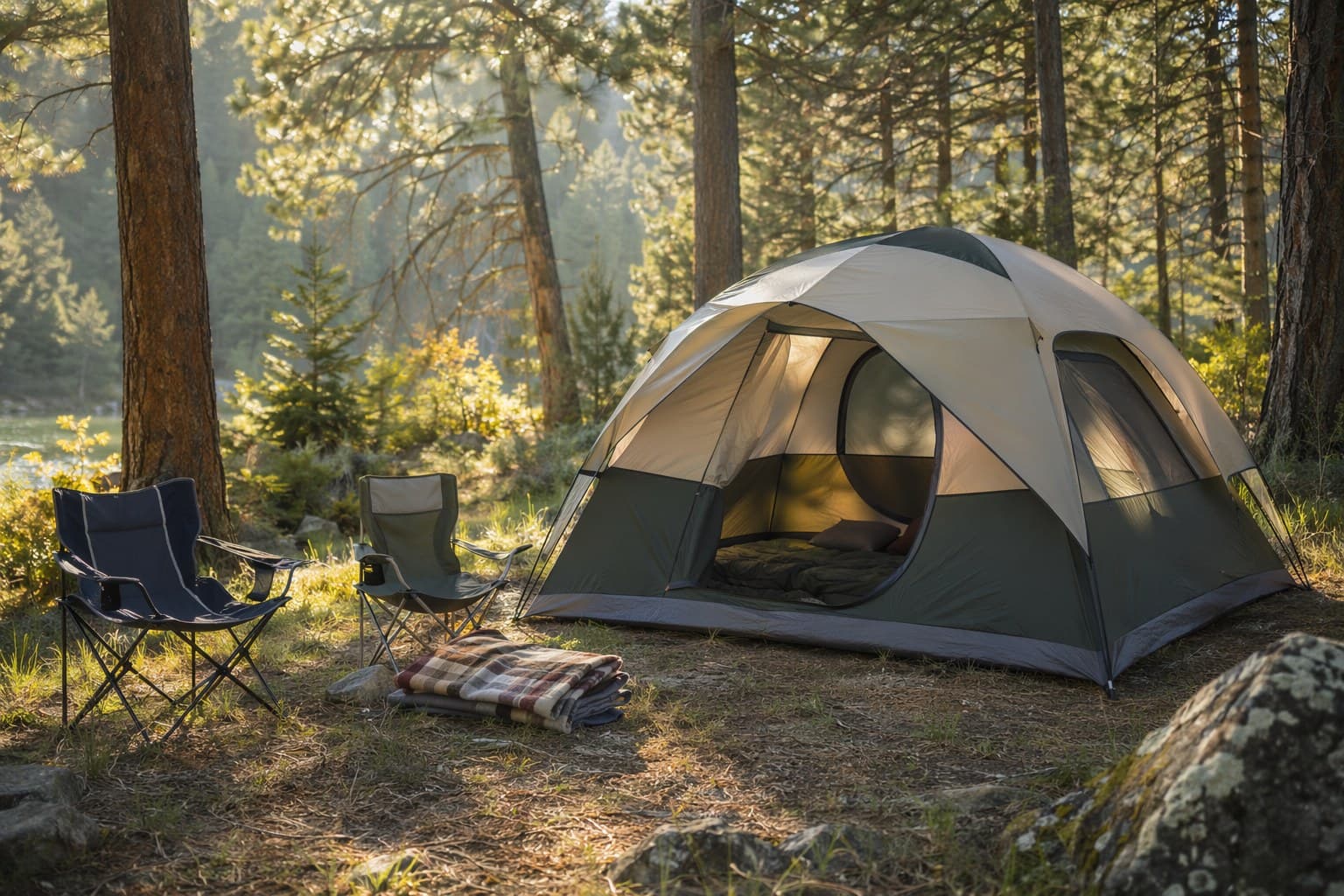 A family tent and lit campfire in a wooded campsite at dusk with a picnic table and lantern nearby