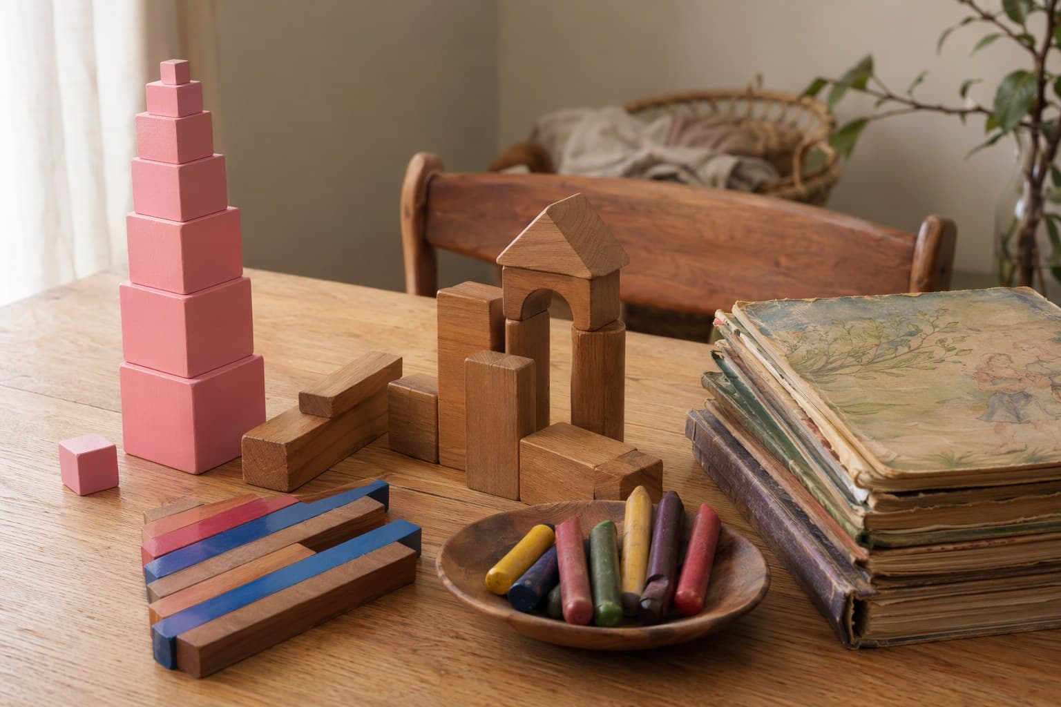 Comparison of Montessori materials, Waldorf wooden toys, and Charlotte Mason books on a wooden table
