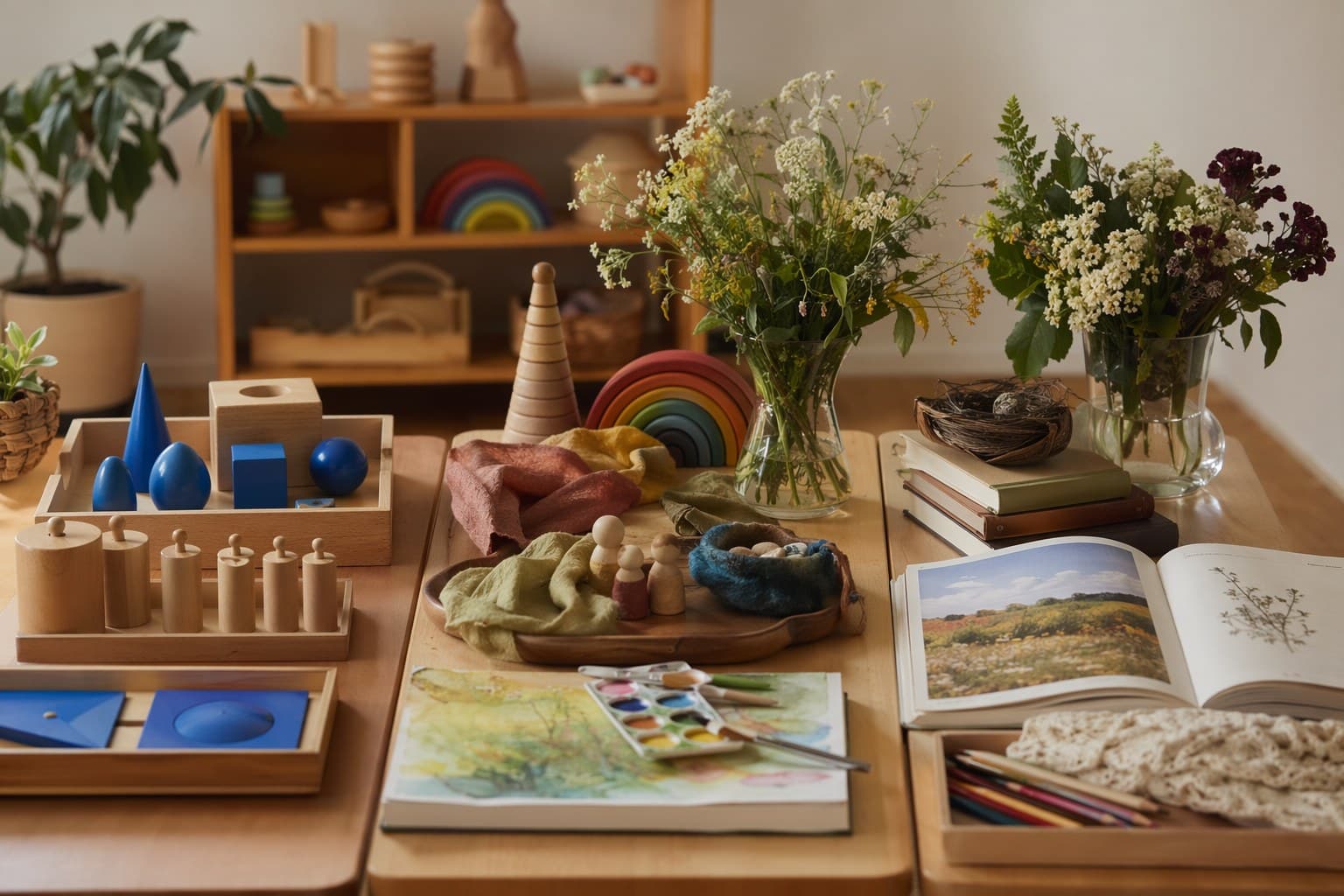 Child painting with watercolors beside a basket of wooden toys and wool felt