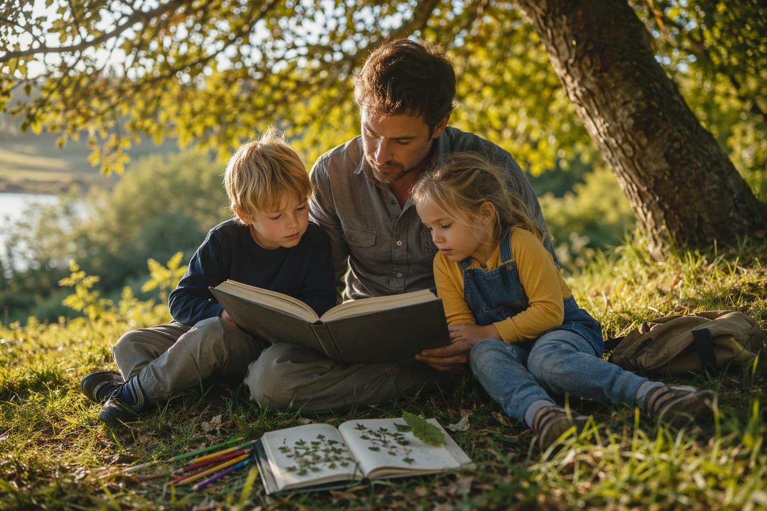 Parent and two children reading together outdoors with a nature journal and basket of books