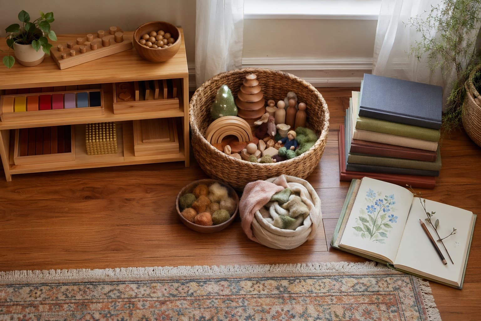 Three homeschool learning spaces showing Montessori materials, Waldorf wooden toys, and Charlotte Mason living books