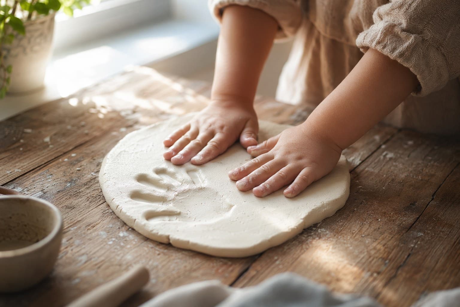 Child's hands pressing a handprint into a round air-dry clay dish on a sunlit kitchen table