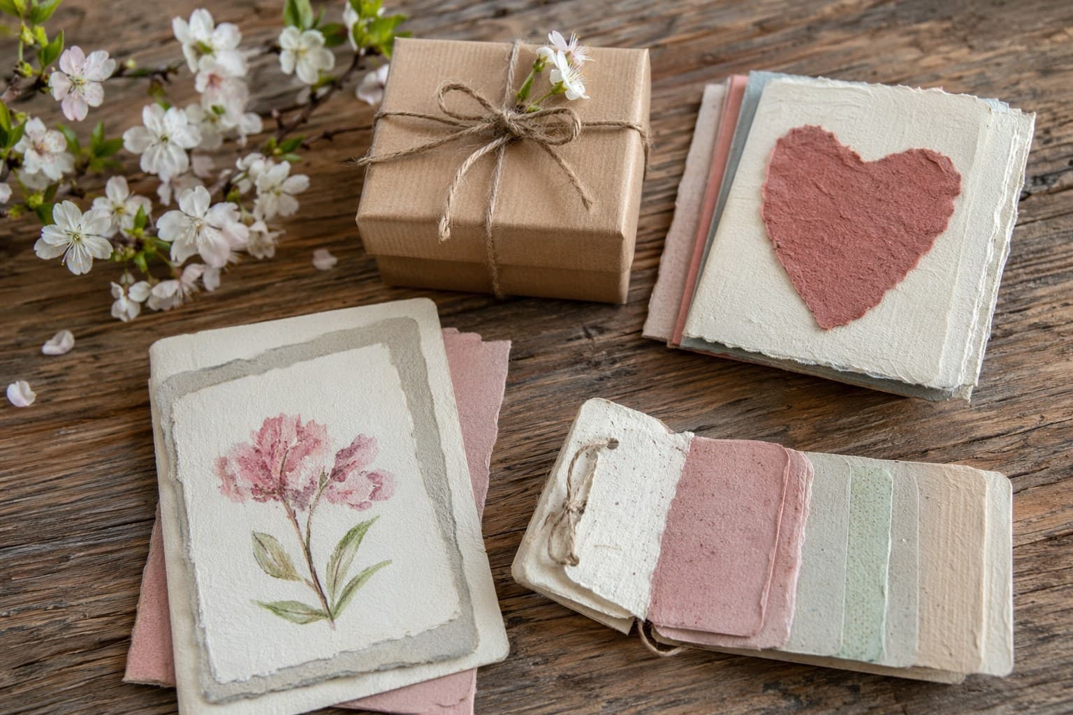 Handmade Mother's Day cards, small wrapped gifts, and a coupon book spread across a wooden table