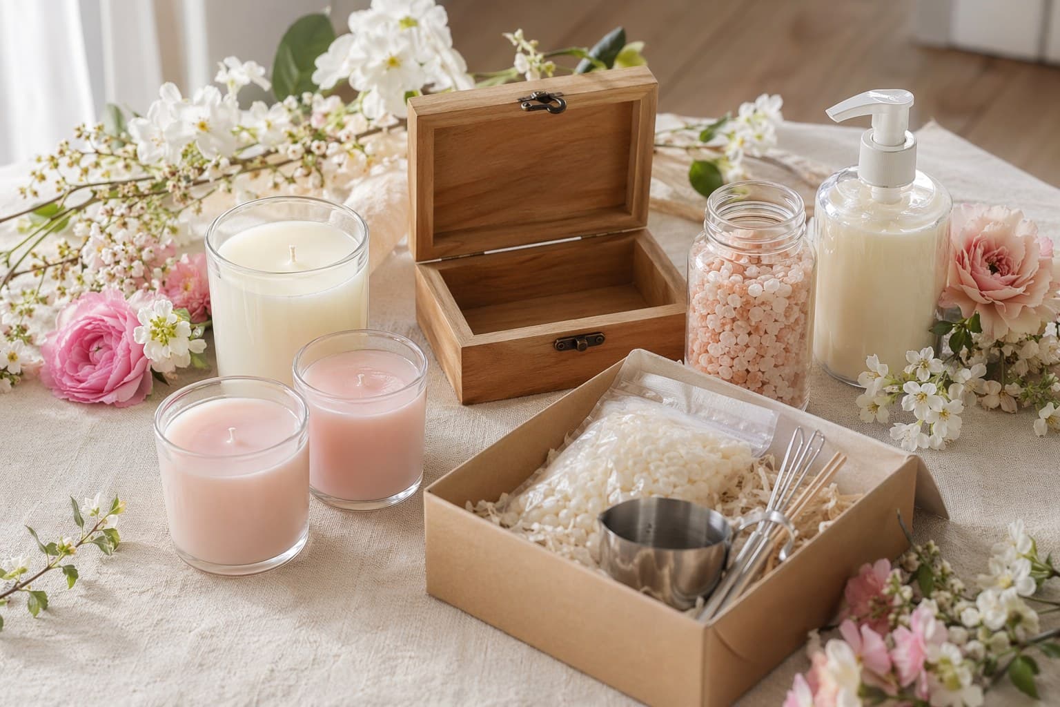 A candle making kit, jewelry box, and spa items arranged with fresh spring flowers