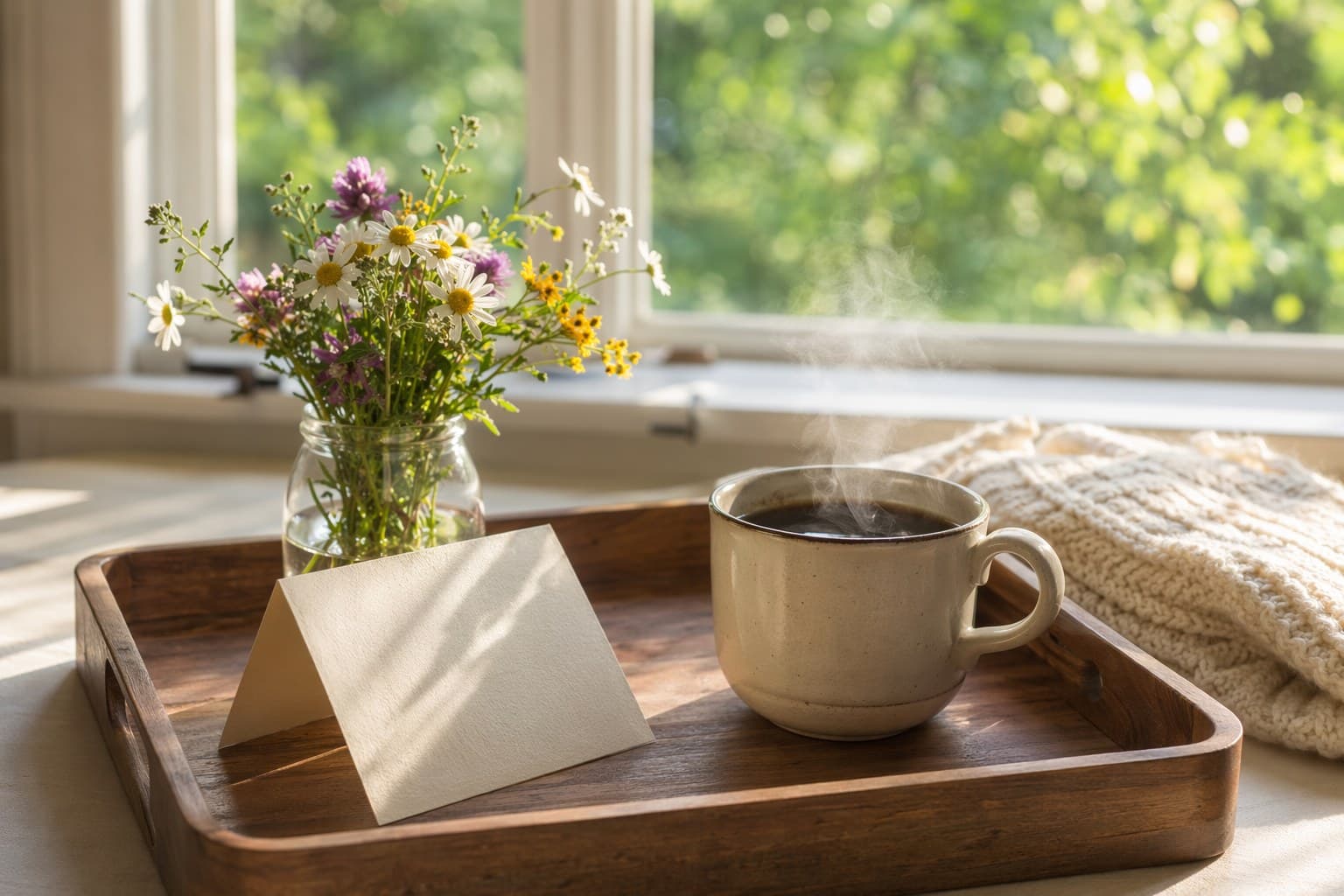 A breakfast tray with coffee, flowers in a small vase, and a handwritten card on a sunlit table
